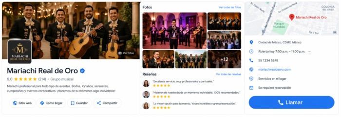 Ficha de Google para grupo musical con 5 estrellas, fotos y botón de contacto activo