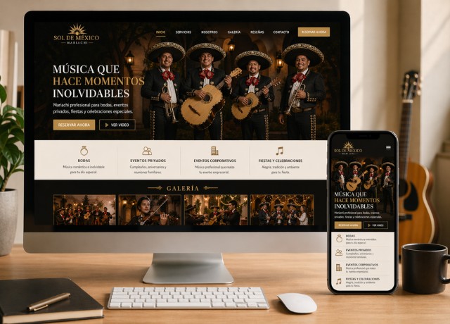 Página web profesional para grupo musical en computador y móvil